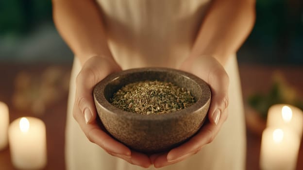 Close-up of herbalist's hands with dried herbs in a mortar and candles in a cozy, dimly lit room with a rustic atmosphere.