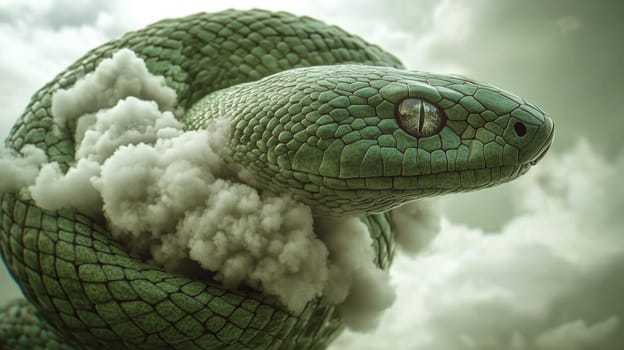 The snake is mint green with clouds surrounding it in the style of illusory hyperrealism. copy space
