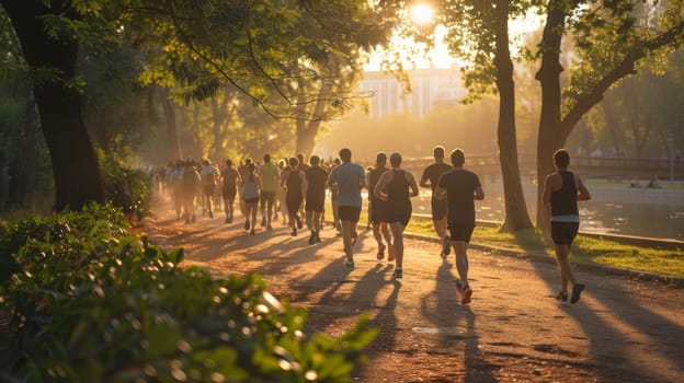 A group of people jogging in the park in the morning on a sunny day embodies the spirit of fitness and healthy living