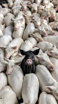 A massive herd of white pigs with a single black pig standing out in the center. View from above .the concept of dissimilarity