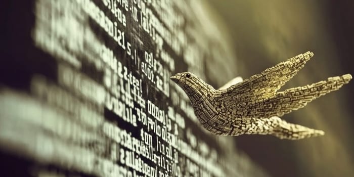 Image of computer code in the shape of a bird flying in the air near a wall with numbers