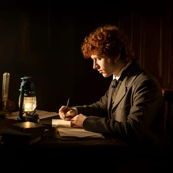 In the twilight of a vintage room, a young Victorian man sits at his desk, penning a letter with an antique ink pen. The atmosphere is rich with historical charm, evoking the classic elegance of a bygone era. The scene captures the essence of Victorian office life, with the man immersed in his work, surrounded by traditional furnishings and the ambiance of an old-fashioned library.