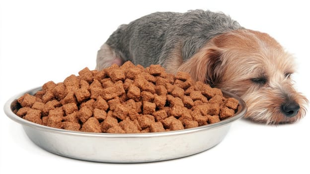 Against a white background, a dog that looks lethargic lies nearby and does not look at a bowl full of food. Concept of veterinary clinics and pet health