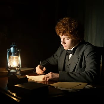 In the twilight of a vintage room, a young Victorian man sits at his desk, penning a letter with an antique ink pen. The atmosphere is rich with historical charm, evoking the classic elegance of a bygone era.