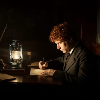 In the twilight of a vintage room, a young Victorian man sits at his desk, penning a letter with an antique ink pen. The atmosphere is rich with historical charm, evoking the classic elegance of a bygone era. The scene captures the essence of Victorian office life, with the man immersed in his work, surrounded by traditional furnishings and the ambiance of an old-fashioned library.