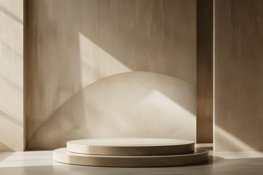 Elegant minimalist interior featuring a circular pedestal with sunlight creating dynamic shadows on beige walls.
