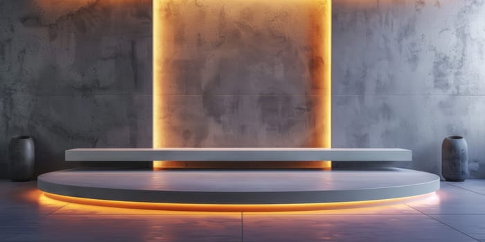 A sleek, modern interior featuring concrete walls and a minimalist platform stage illuminated by warm ambient lighting, perfect for contemporary design concepts.