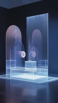 A captivating futuristic art installation featuring neon lights, geometric shapes, and soft glowing elements in a dark room.