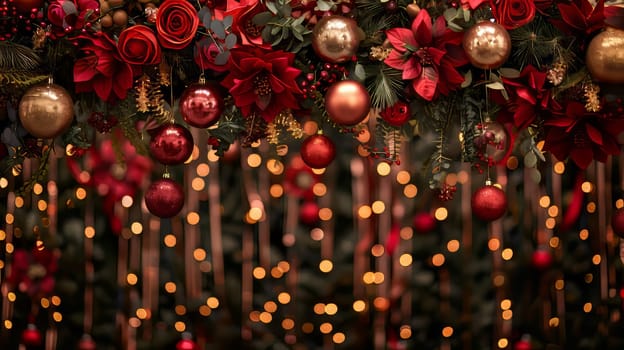 A red and gold Christmas tree with many red and gold ornaments. The tree is lit up with lights