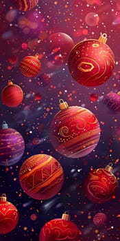 A red and purple Christmas ornament with a gold design. The ornament is hanging from a tree. There are many other red and purple ornaments in the background