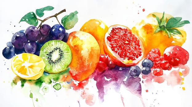 Colorful watercolor illustration of assorted fruits, showcasing a vibrant and fresh composition.
