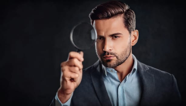 Businessman looking through a magnifying glass with a pensive emotion against a dark background. Investigation, scrutiny, and analysis concepts