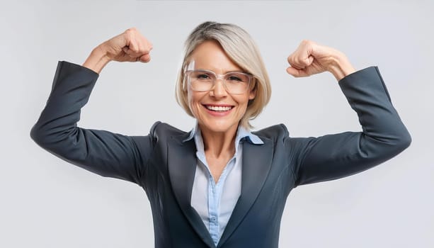 Confident middle aged business woman flexing arms muscles imagine super power. Confident female show her strength with a positive smile on face