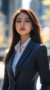 Beautiful young Asian businesswoman in black suit. Confident female business manager looking into camera in big city downtown.