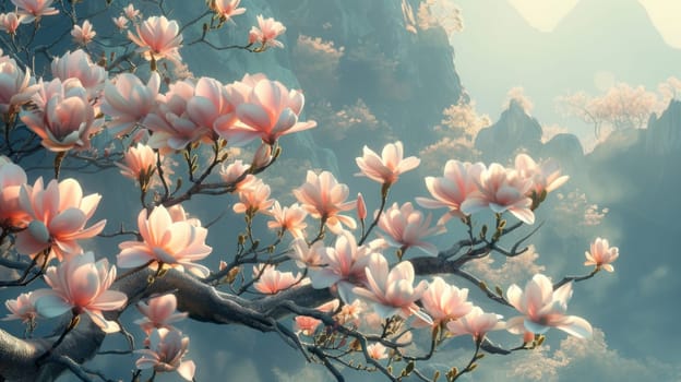 Blooming magnolia tree on mountain peak in rays of sunlight. Delicate blossom and fragrance of magnolia, beauty in nature horizontal background