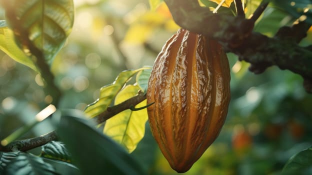 Cocoa bean weighs on branch. Growing cocoa beans, raw materials for the production of cocoa butter and chocolate. Healthy organically grown food