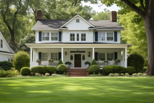 American classic house with green lawn. Private property. Big white house for family
