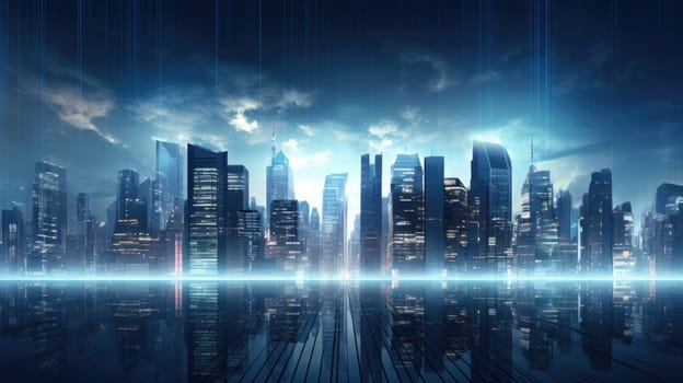 Night modern metropolis with skyscrapers reflected in the water. Abstract image of futuristic big city