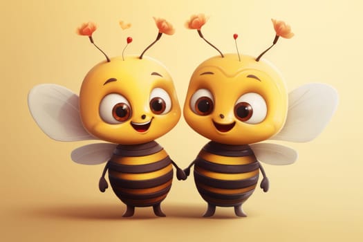 Cute love bees holding hands. Love concept. Cute baby characters with hearts