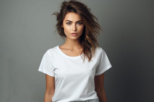 Young beautiful woman in white T-shirt mockup. Abstract female image.
