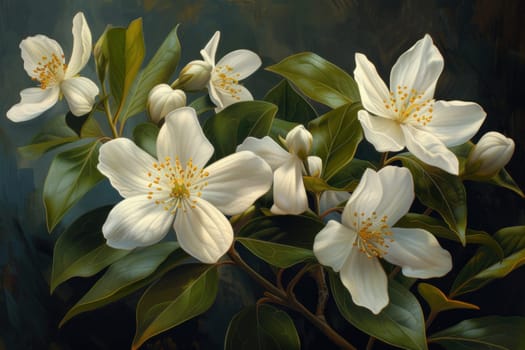 Delicate beautiful flowers in foliage illustration. Beauty in nature, tree blossom. Spring time, buds opening
