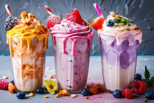 Milkshakes with fruit syrup and berries. Three glasses of milk dessert with raspberries, blueberries and cranberries. Refreshing lactic drink