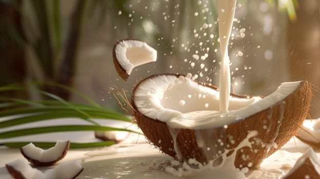 Exotic background coconut milk pouring into coconut. Paradise pattern of coconuts and palm branches