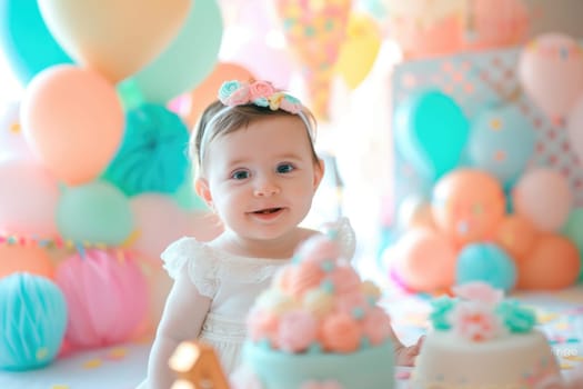 Little girl in cute white dress and at birthday party. Cute baby celebrating his first birthday. Girl surrounded by festive decor - balloons, tinsel and cake