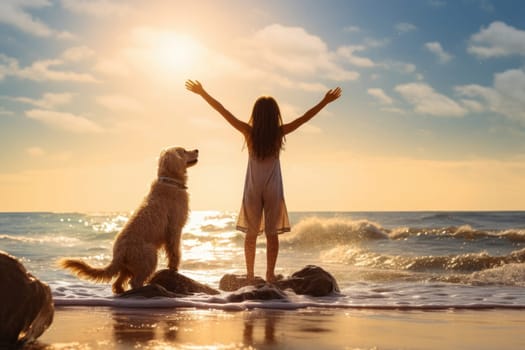 Girl at sunset stands with her arms outstretched, next to her is dog. Walking with your pet on the seashore