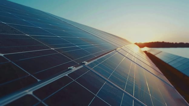 Solar panels close-up with sun reflection. Renewable energy source. Clean natural energy