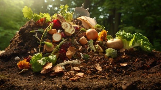 Pile of organic garbage mixed with soil. Compost. Leftover food and organic waste in rotting pit