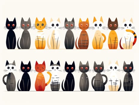Funny drawn cats sit in row. Group of cute felines