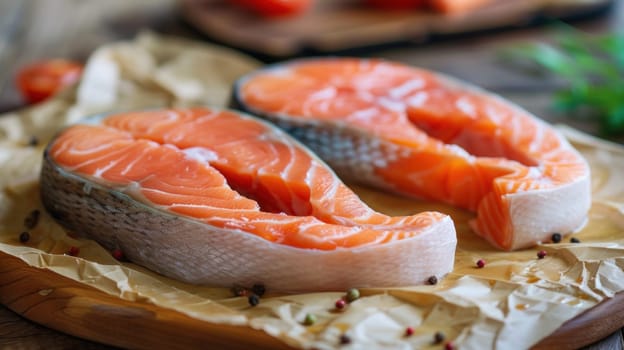Fresh raw ocean trout. Red salmon fish steaks, seasoned with pepper and spices