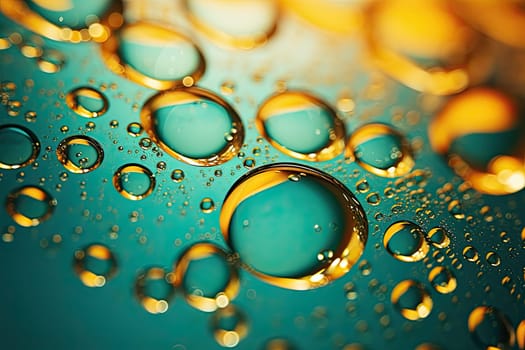 Dispersion background of mixing water and oil. Emerald green splash with gold bubbles and splashes