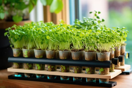 Growing microgreens at home. Young green sprouts in jars. Healthy organic food