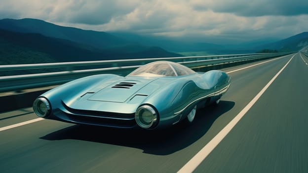 Futuristic blue car rushes along the autobahn. Fast sports car
