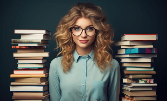 Beautiful young woman against the background of stacks of books. Curly girl student with glasses