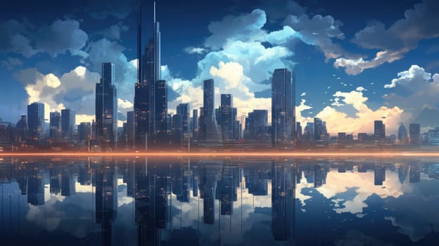 Night big city with skyscrapers reflected in the water. Futuristic image of modern metropolis
