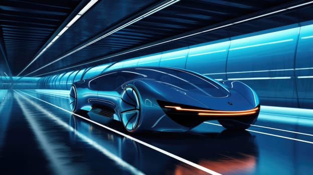 Futuristic fast car on the autobahn. Super blue car at speed