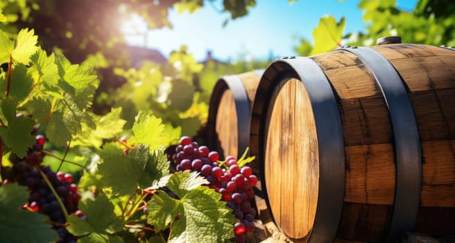 Oak barrels filled with wine on vineyard plantation. Preparing young wine.
