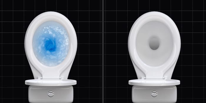 Top view of toilet bowl, blue detergent flushing in it and toilet bowl in the bathroom