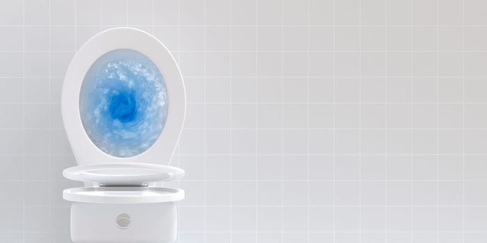 Top view of toilet bowl, blue detergent flushing in it