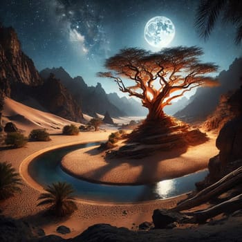 A large tree in a desert oasis at night under a full moon. A high-quality AI-generated photo.