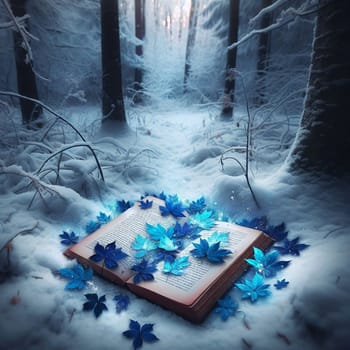 A fantasy illustration of an open book lying in the snow in a winter forest, surrounded by glowing blue leaves. A high-quality AI-generated photo.
