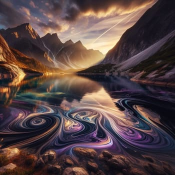 A mountain lake with swirling patterns of color in the water, reflecting a dramatic mountain range and sky. A high-quality AI-generated photo.