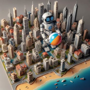 A small robot holding a beach ball on a model city. A high-quality AI-generated photo.