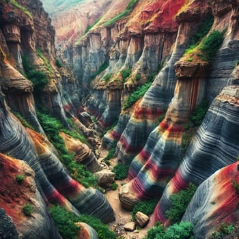 An aerial view of a colorful canyon with layered rock formations. A high-quality AI-generated photo.