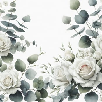 A floral arrangement featuring white roses and eucalyptus leaves on a white background. A high-quality AI-generated photo.