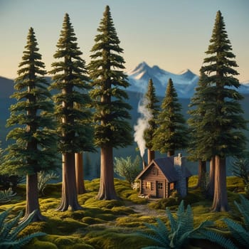 A miniature log cabin in a forest setting with mountains in the background. A high-quality AI-generated photo.