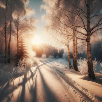 A snowy path winding through a frost covered birch forest. A high-quality AI-generated photo.